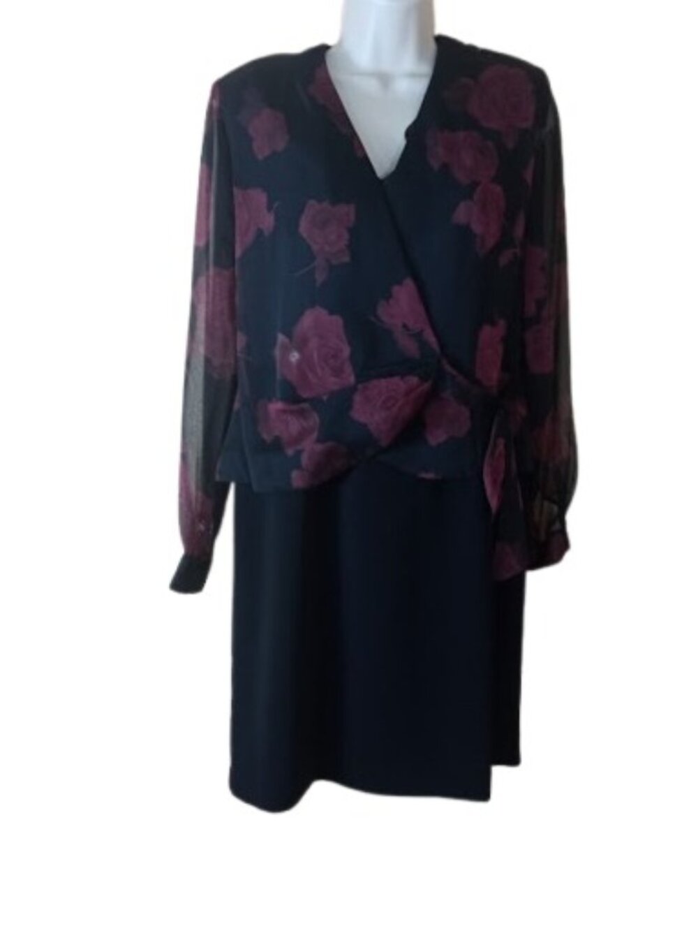 Vintage John Roberts Womens Blouson Wrap Dress Black Burgundy Floral 6P New